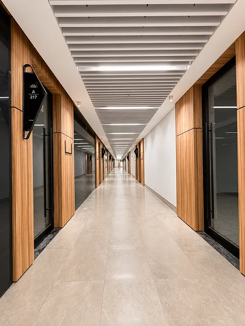 Long corridor in perspective with continuous timber wall cladding