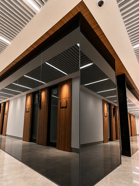 Corridor run with repeated timber door sets