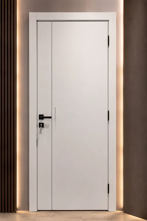 SPC 03 Pure White door installed against a dark panelled wall