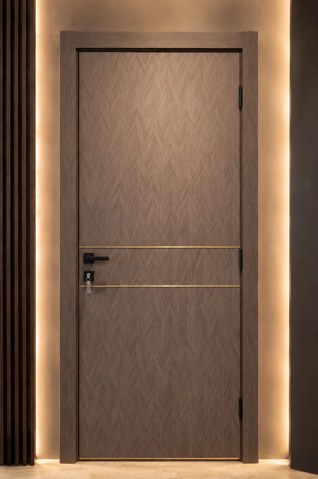 WPC 02 Chevron Gold door installed with concealed cove lighting