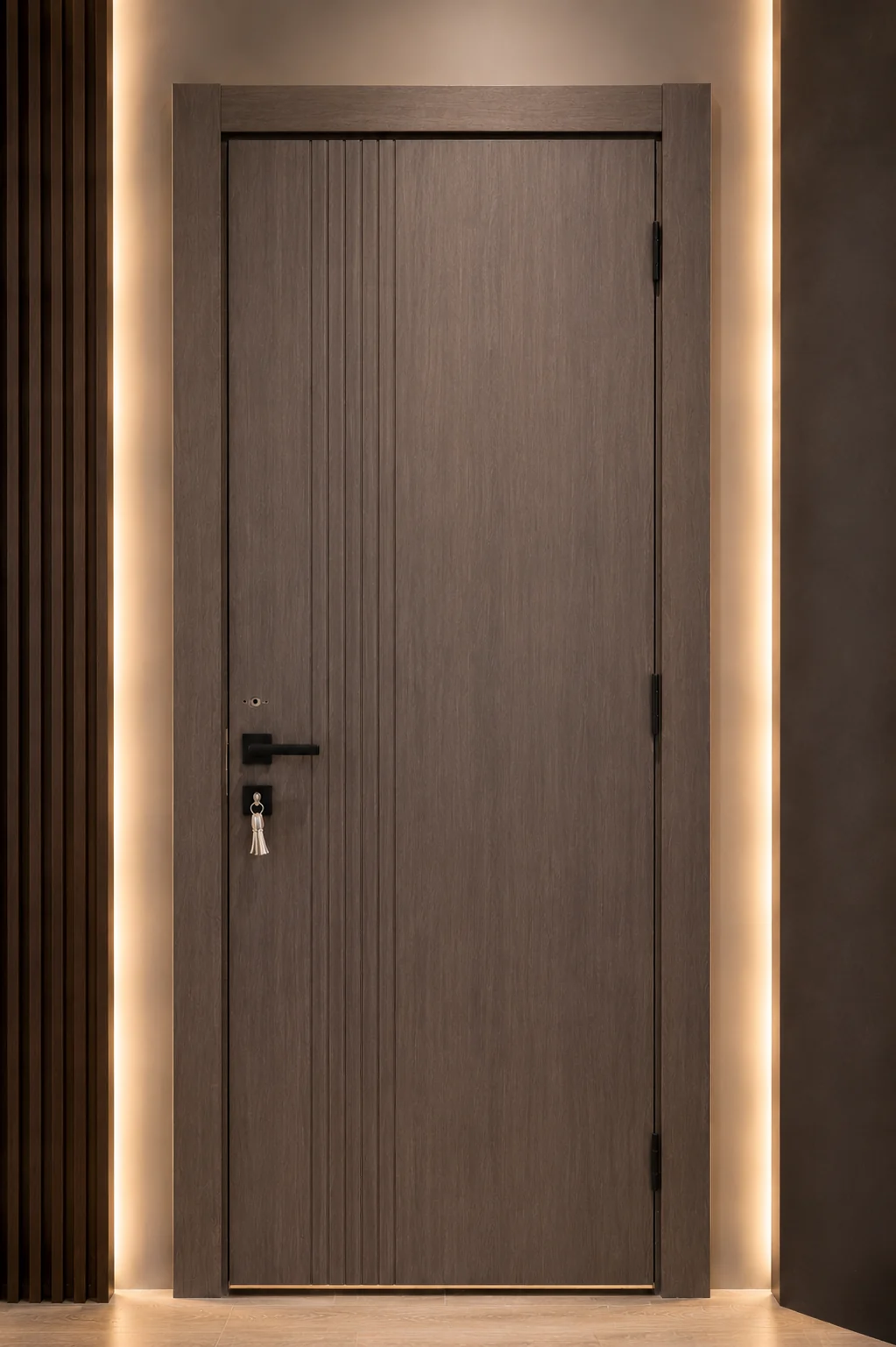 WPC 04 Vertical Line door installed in a timber-lined lobby