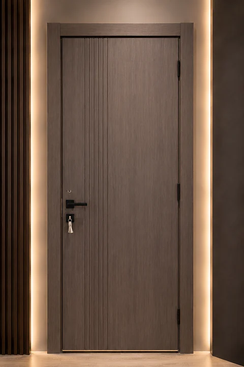 WPC 04 Vertical Line door installed in a timber-lined lobby