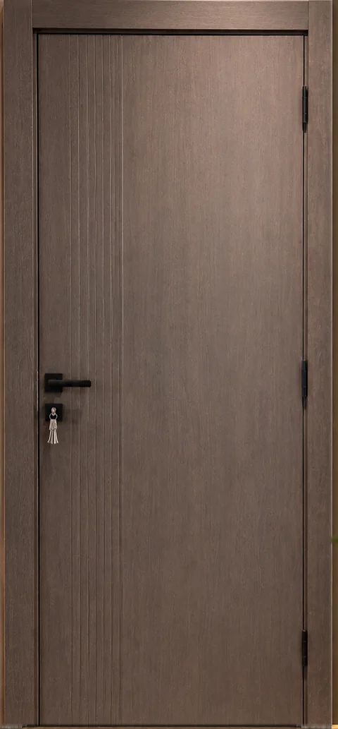 WPC 04 Vertical Line door — warm timber leaf with vertical grooves