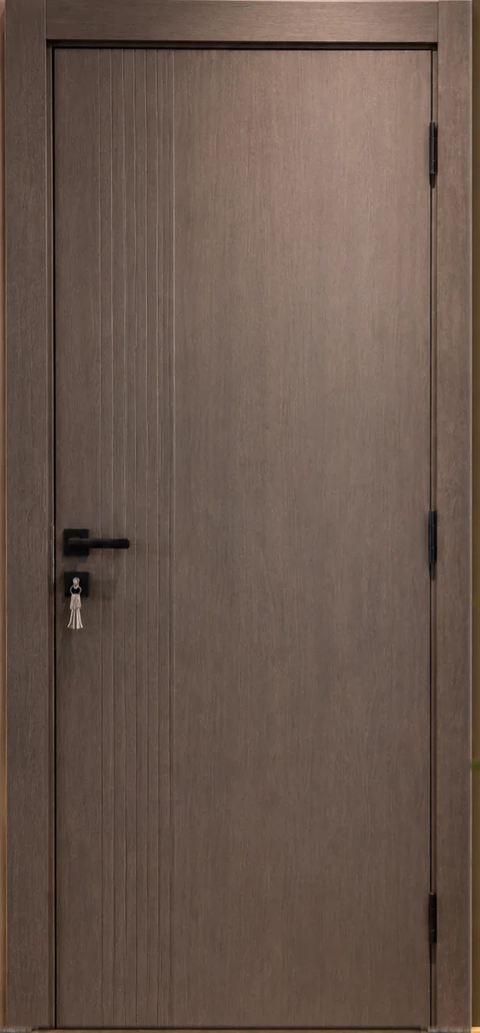 WPC 04 Vertical Line door — warm timber leaf with vertical grooves