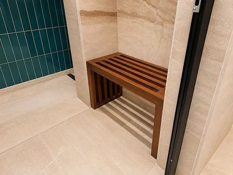 Timber bench detail with stone surround