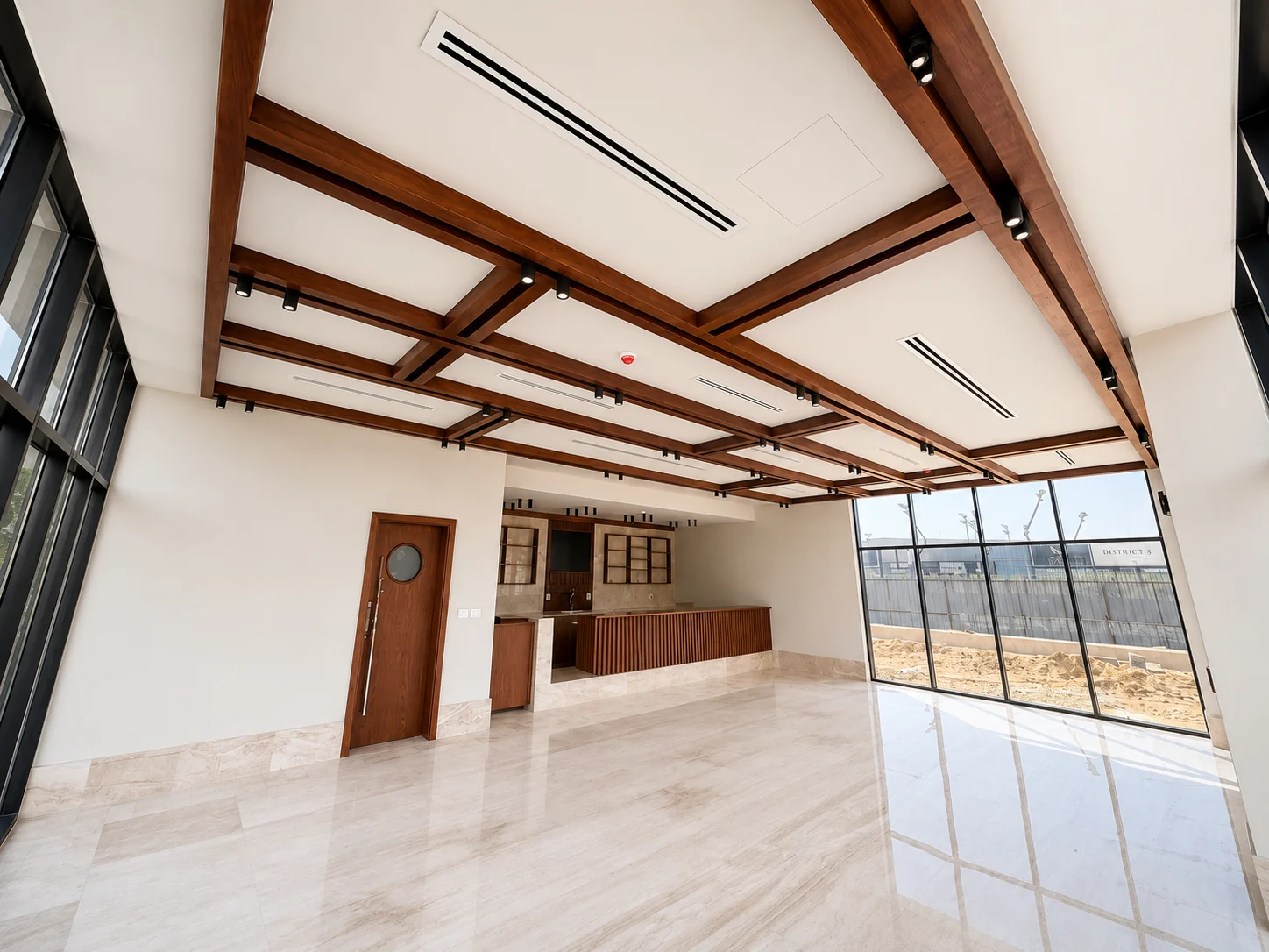 Coffered timber beam ceiling with track lighting
