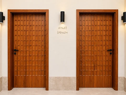 Timber door with grid-pattern panel detail