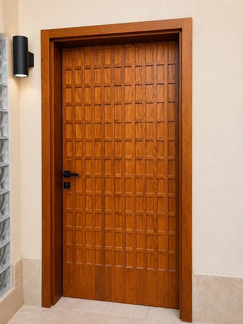 Pair of grid-panelled timber doors with wall light