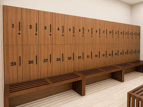 Run of numbered timber lockers with bench seating