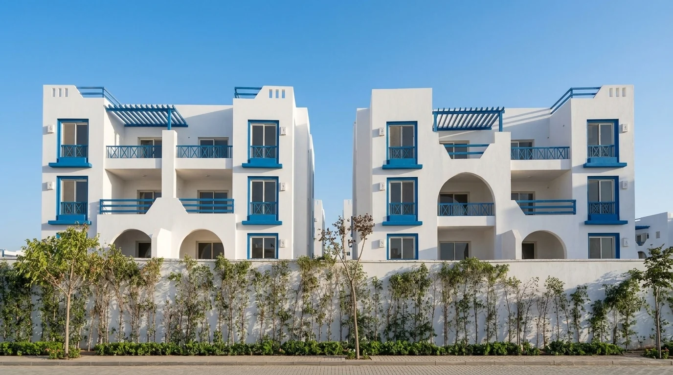 White coastal residential buildings with blue balcony railings and pergolas